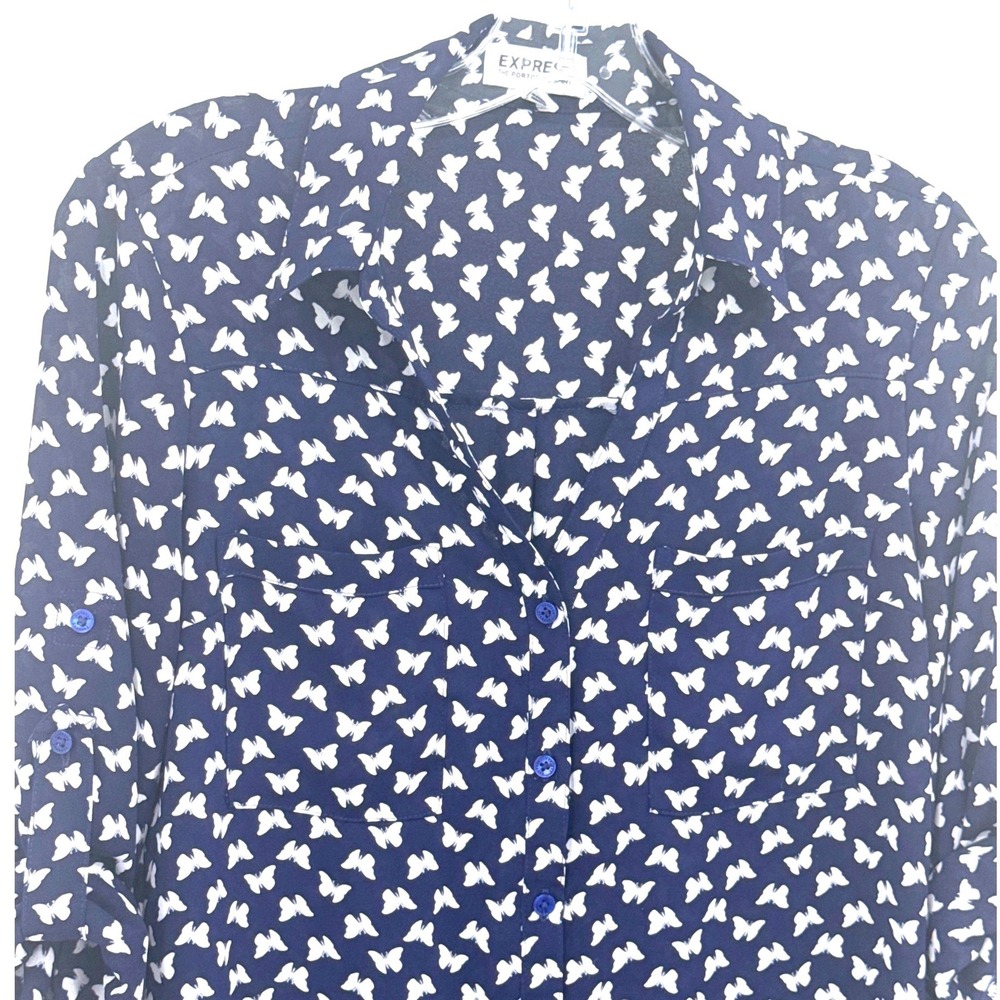 Express Portofino Butterfly Print Women's Shirt Size S Navy Blue Roll Tab Sleeve - Picture 3 of 8